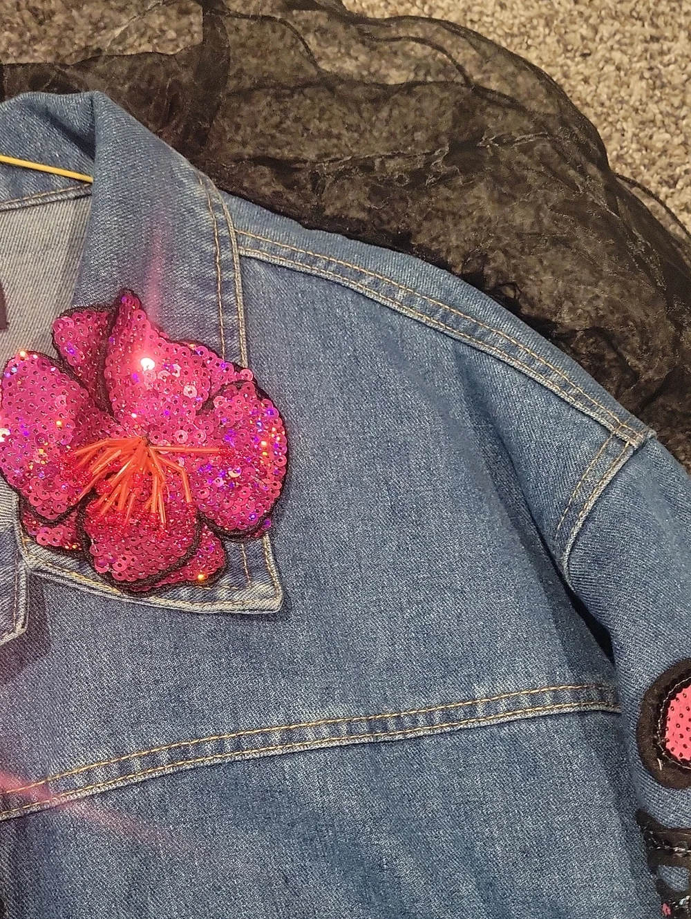 AKIRA Blue Denim Jacket with Pink Sequin Floral Appliqués and Black Tulle